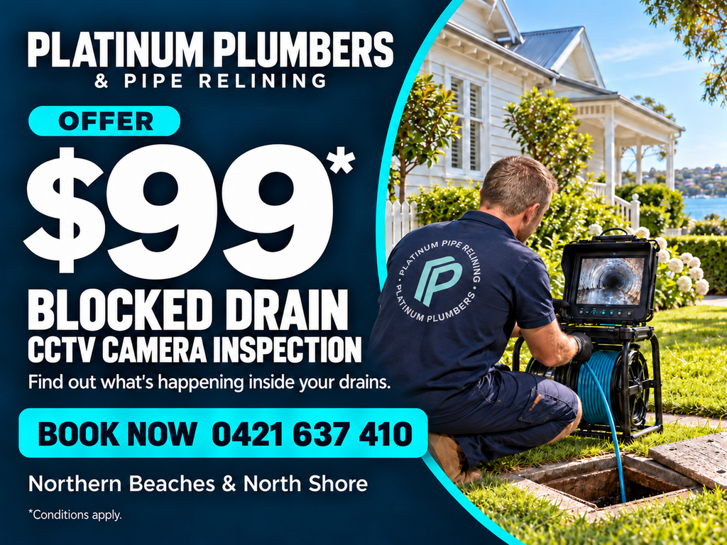 Platinum Plumbers $99 Blocked Drain inspection offer.